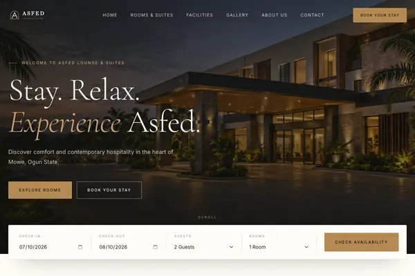 Asfed Lounge & Suites Hospitality website designed by Skillsquared